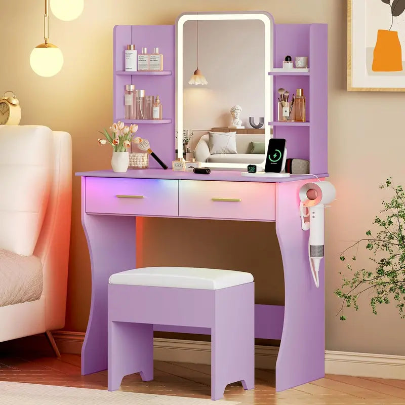Compact LED Vanity Desk Set with Dimmable Mirror, Power Outlet, and Slim Profile
