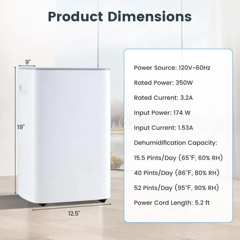52-Pint Portable Dehumidifier for Basements  Supports 4,500 Sq. Ft with Auto/Manual Drain Options