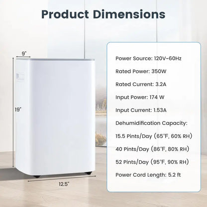 52-Pint Portable Dehumidifier for Basements  Supports 4,500 Sq. Ft with Auto/Manual Drain Options