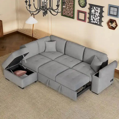 L-Shaped 5-Seat Sleeper Sectional Sofa  84.75-Inch Modular Design with Hidden Arm Storage, Ottoman with Compartment, and Dual USB Charging Ports