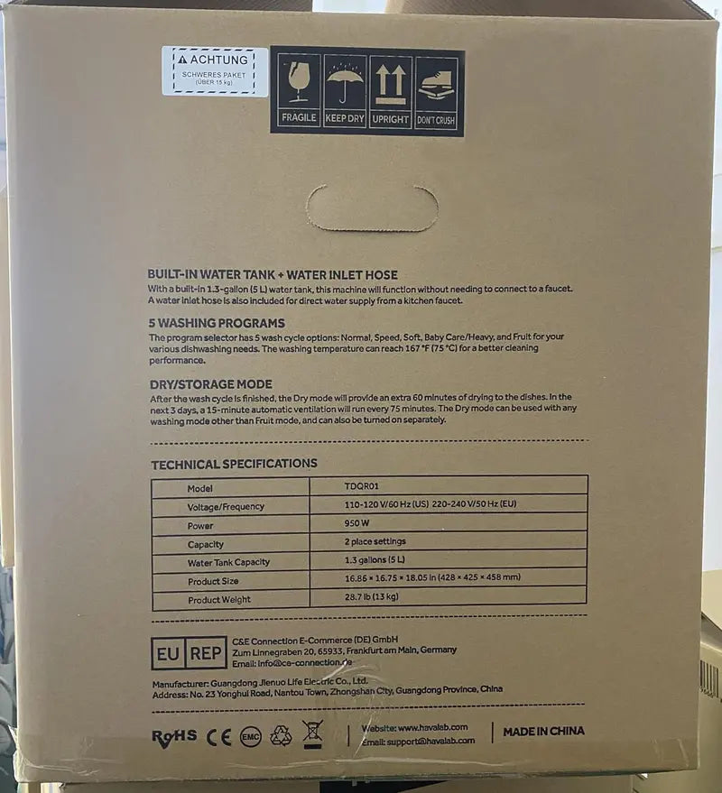HAVA Portable Tabletop Dishwasher  6-Program Compact Unit with 5L Built-in Water Tank