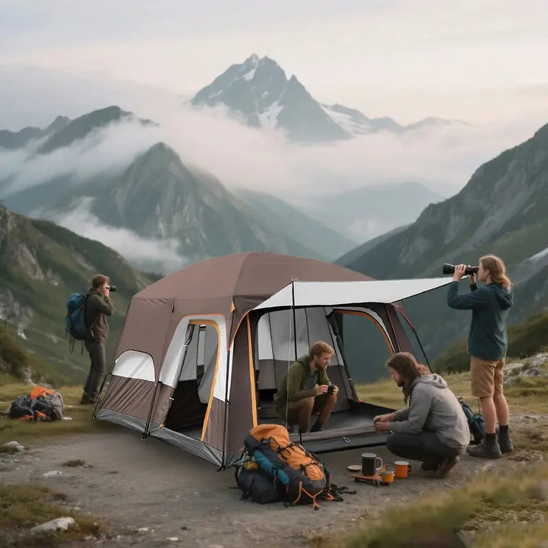 KFeng 12-Person 2-Room Camping Tent  Brown Heavy-Duty Outdoor Shelter with Mesh Ventilation