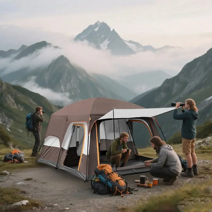 KFeng 12-Person 2-Room Camping Tent  Brown Heavy-Duty Outdoor Shelter with Mesh Ventilation