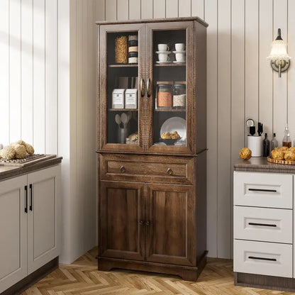 71″ Tall Kitchen Hutch Cabinet  Glass-Front Pantry Storage Unit with Open Shelving & Display Space