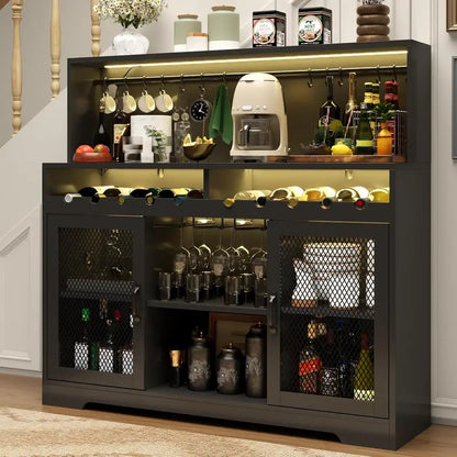 LED-Illuminated Wine & Liquor Bar Cabinet  Multi-Function Coffee Bar with Glass Holders & Buffet Storage