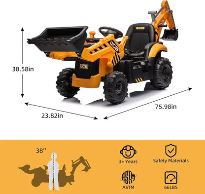12V JCB Ride-On Excavator Toy  Realistic Digging Arm, Adjustable Speeds, Slow Start/Stop & Ages 48