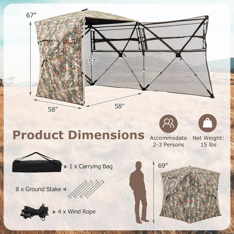 Full-Access 360° Hunting Blind  Zippered Entry, Carry Bag, and Compact Ground Shelter for Deer or Turkey