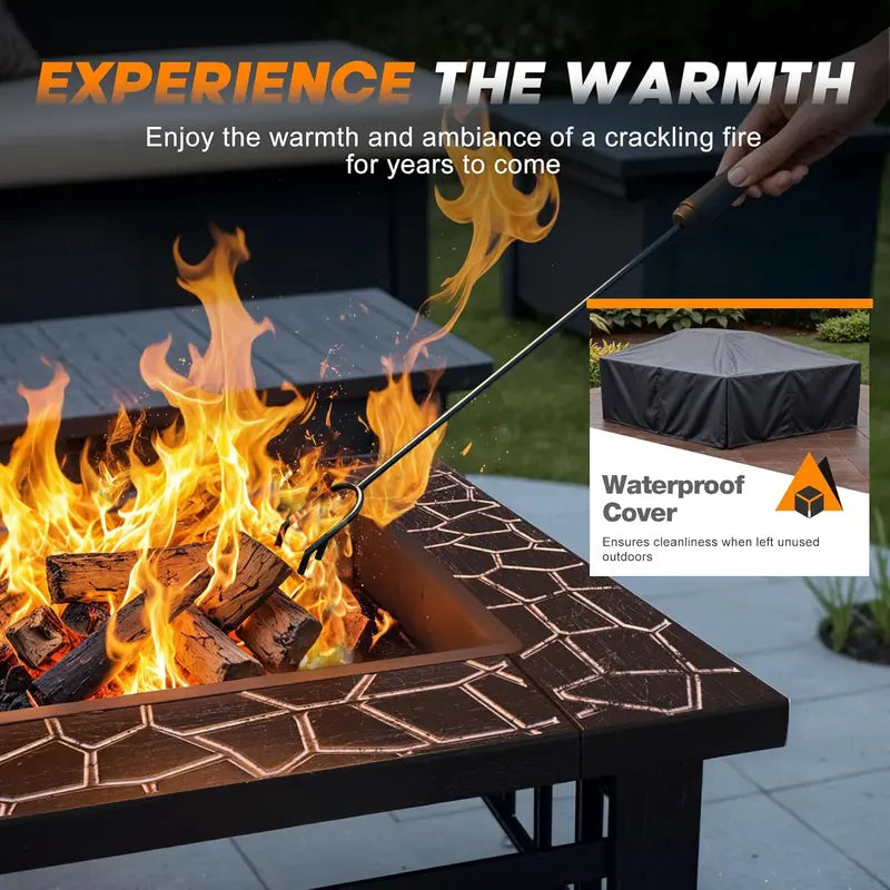 Devoko 32-Inch Outdoor Fire Pit Table  Weather-Resistant Metal Fireplace with Waterproof Cover for Patios