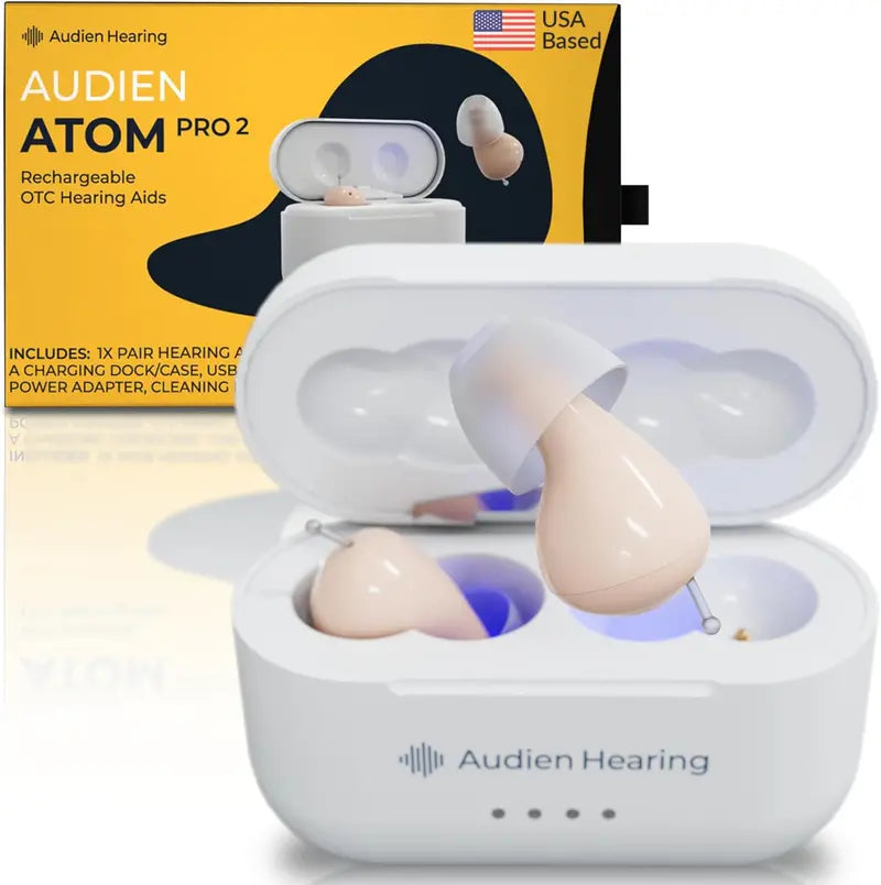 Audien ATOM PRO 2 Wireless Rechargeable Hearing Aid  Nearly Invisible, All-Day Comfort Fit
