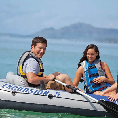 Excursion Inflatable Fishing Boat  SuperTough PVC, Adjustable Backrest Seats, Rod Holders, Welded Oar Locks, Includes High-Output Pump & Oars
