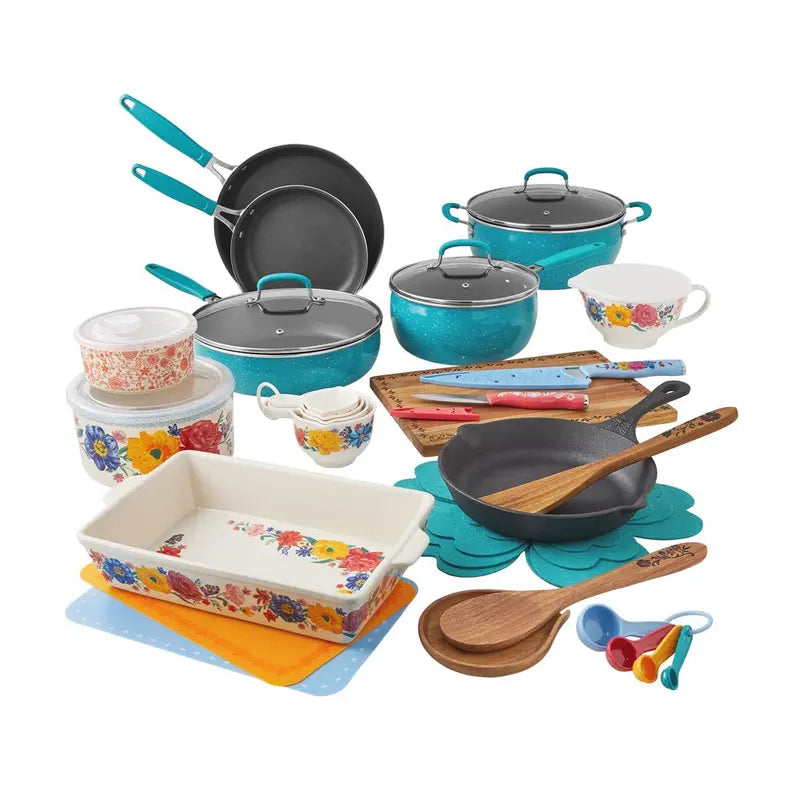 The Pioneer Woman Brilliant Blooms 38-Piece Teal Cookware Set  Floral-Print Kitchen Collection