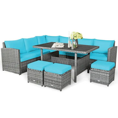 7-Piece Resin Wicker Outdoor Sectional Set  Rattan Sofa Group with Dining Table, Ottomans, and Weather-Resistant Cushions