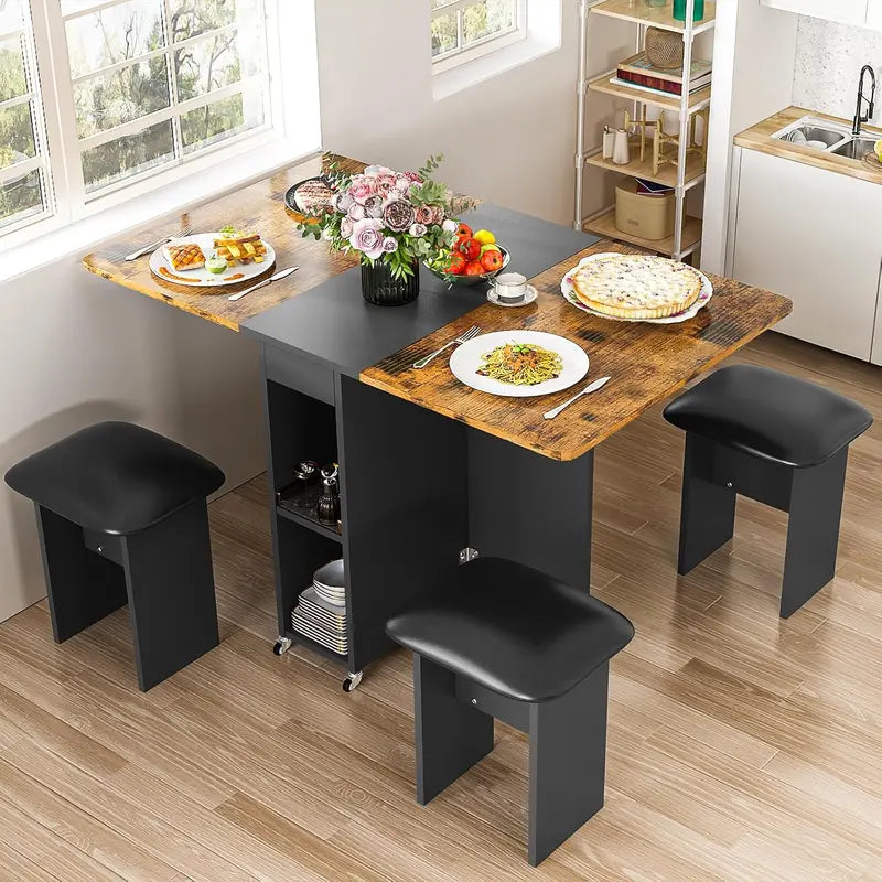 Lamerge Foldable 4-Person Dining Set  Compact Leather-Chair Dining Table with 6 Casters & Beige Upholstery
