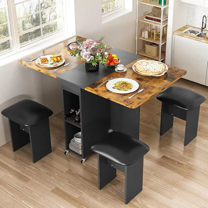 Lamerge Foldable 4-Person Dining Set  Compact Leather-Chair Dining Table with 6 Casters & Beige Upholstery