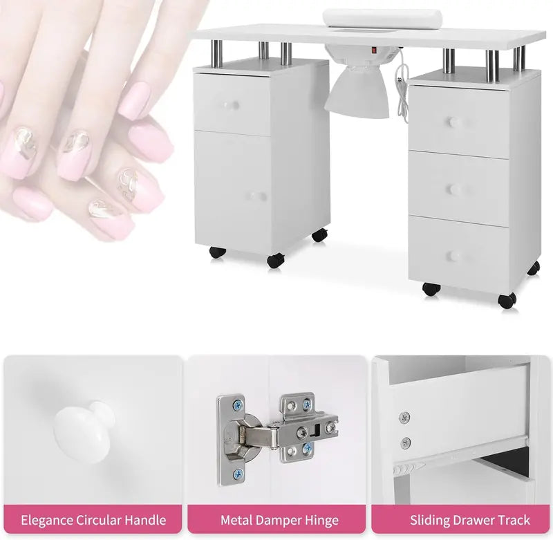 Electric Nail Technician Desk with Acetone-Resistant Surface, Dust Collector & Wrist Support  Mobile Beauty Station with Locking Casters, Drawer & Cabinet (White)