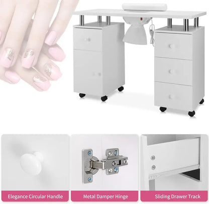 Electric Nail Technician Desk with Acetone-Resistant Surface, Dust Collector & Wrist Support  Mobile Beauty Station with Locking Casters, Drawer & Cabinet (White)