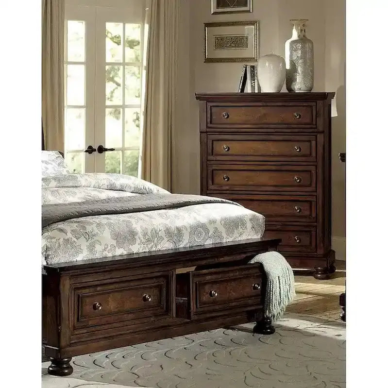 Classic 5-Piece Master Bedroom Set  Brown Cherry Platform Bed with Storage and Matching Furniture