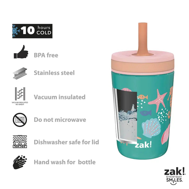 Zak Designs 3pc Kelso Straw Tumbler Set, 12oz Stainless Steel and 15oz Plastic, 2 Cups and 1 Bonus Straw, Leakproof and Perfect for Kids, Seashells