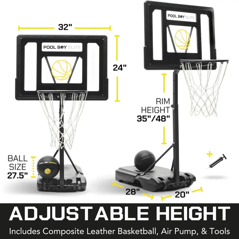 All-in-One Adjustable Poolside Basketball Hoop  Includes Composite Ball, Air Pump, Mounting Hardware & Tools (Matte Black)