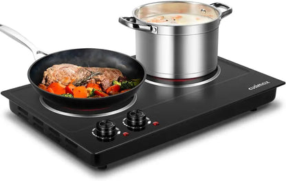 1800W Dual-Zone Ceramic Hot Plate  Infrared Countertop Cooktop with Independent Controls, Tempered Glass Surface, Silver & Stainless Steel Finish