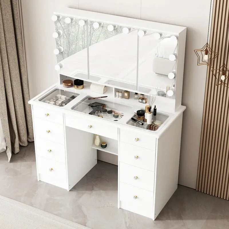 LED Makeup Vanity Dresser  Tri-Fold Mirror, Glass Top Surface, and Certified Bright Lighting
