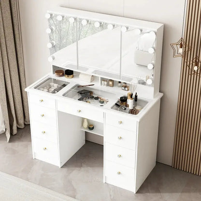 LED Makeup Vanity Dresser  Tri-Fold Mirror, Glass Top Surface, and Certified Bright Lighting