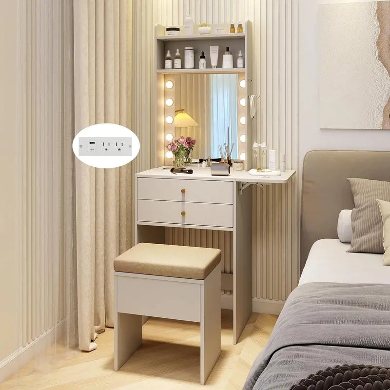 Compact Vanity Desk with LED Mirror & Charging Station  Foldable Side Table, Drawers, Shelves, and Matching Chair (White)