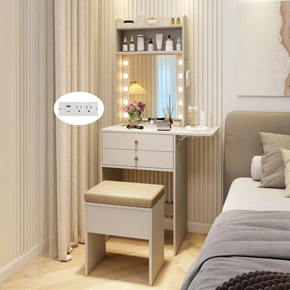 Compact Vanity Desk with LED Mirror & Charging Station  Foldable Side Table, Drawers, Shelves, and Matching Chair (White)