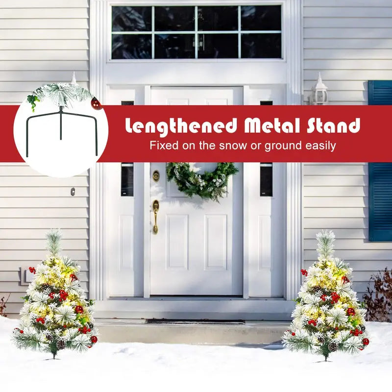 Set of Two 2-Foot Pre-Lit Snow-Flocked Pathway Christmas Trees