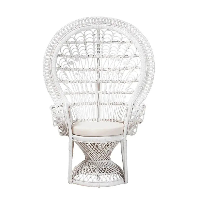 Kallima Bohemian White Rattan Peacock Accent Chair with Natural Woven Texture