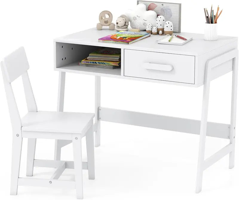 Wooden Kids’ Desk & Chair Set  Ergonomic Student Study Table with Hutch, Storage Drawer, and Matching Chair for Ages 3+ (White)