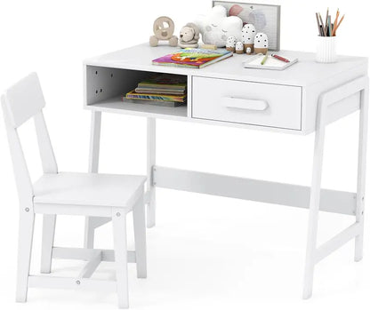 Wooden Kids’ Desk & Chair Set  Ergonomic Student Study Table with Hutch, Storage Drawer, and Matching Chair for Ages 3+ (White)