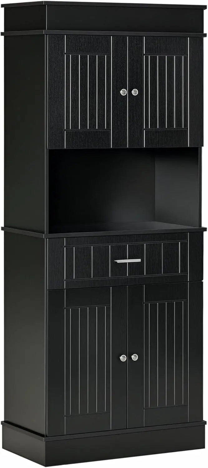 72-Inch White Wood Grain Freestanding Pantry Cabinet with Hutch, Two-Door Cupboards, Utility Drawer, Adjustable Shelf, and Practical Countertop