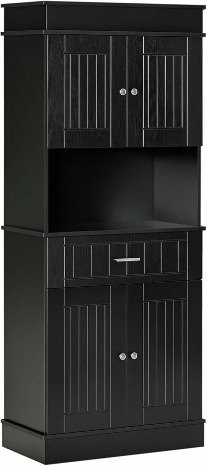 72-Inch White Wood Grain Freestanding Pantry Cabinet with Hutch, Two-Door Cupboards, Utility Drawer, Adjustable Shelf, and Practical Countertop