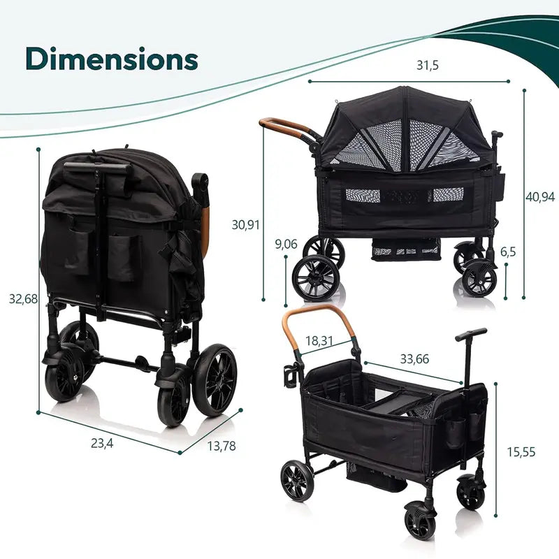 Lightweight Foldable Double Wagon Stroller  Push-Pull Travel Stroller for Newborns & Toddlers, 5-Point Safety Harness, Canopy, Tray Table & Cup Holder