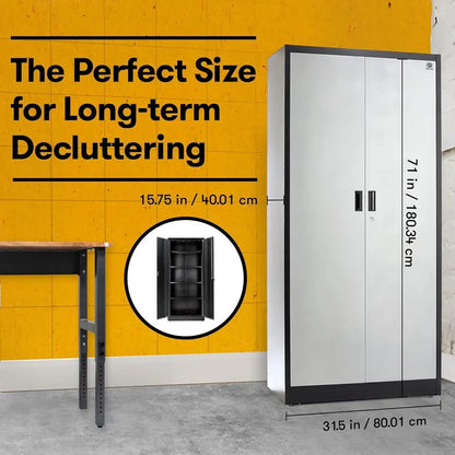 Heavy-Duty Steel Garage Locker  71-Inch Tall Multipurpose Storage Cabinet with Locking Doors & Adjustable Shelving (Black/Silver)