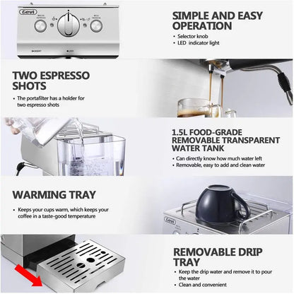 GEVI Silver Stainless Steel 15 Bar Espresso Machine 2 Shot Pump Cappuccino Maker