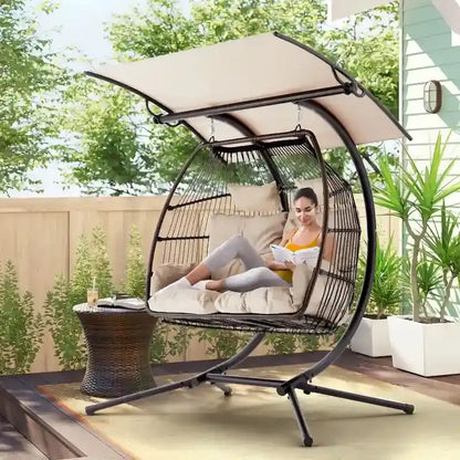 Double Outdoor Swing Loveseat  Foldable Egg Chair with Stand, Awning & Cushions (Beige)