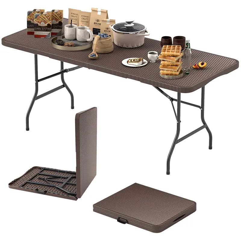 6-Foot Rattan-Style Plastic Folding Table  HDPE Textured Top, 350 lb Outdoor Duty