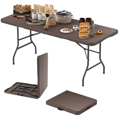 6-Foot Rattan-Style Plastic Folding Table  HDPE Textured Top, 350 lb Outdoor Duty