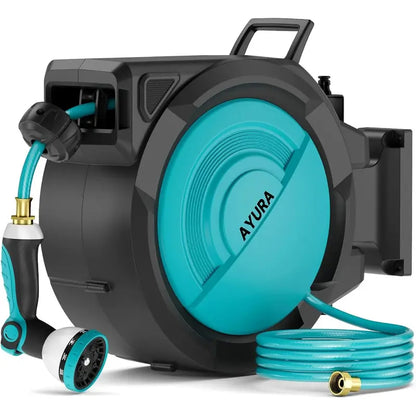 AYURA Retractable Garden Hose Reel  Adjustable Length Lock, Gentle Auto-Rewind & 10-Spray Nozzle