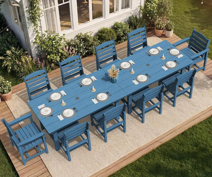 SERWALL 7-Piece Blue HDPE Outdoor Dining Set with Umbrella Hole and Stackable Chairs