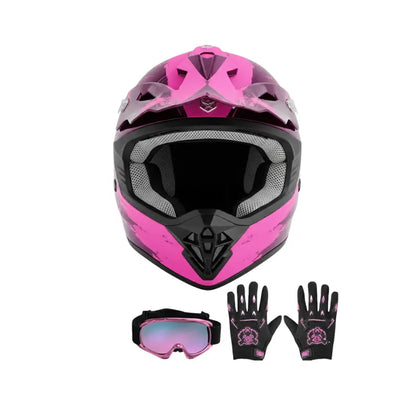 Youth Motorcycle Helmet Set Featuring Full-Face Protection, Goggles & Gloves