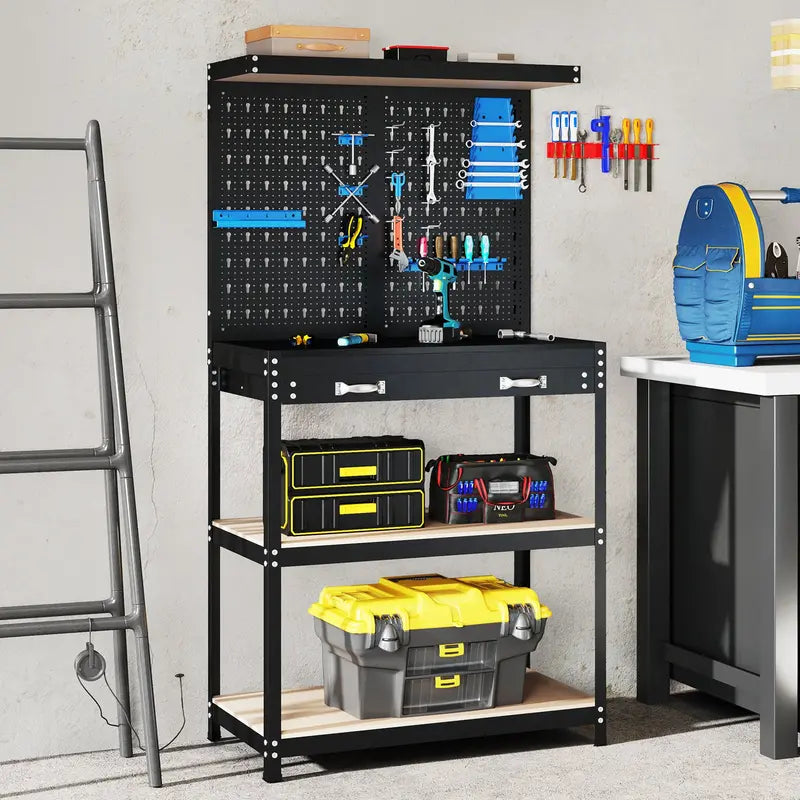 Compact 32″ x 16″ Workbench with Pegboard, Dual Shelves, and Worktop
