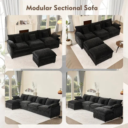 108-Inch U-Shaped Linen Sectional Sofa  3-Seat Modular Cloud Couch with Movable Ottoman, Beige
