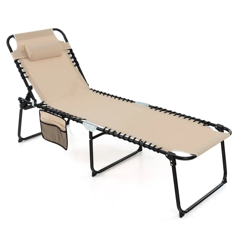 Adjustable Patio Chaise Lounge  Folding Recliner Chair with 4-Position Backrest, Side Pocket & Removable Headrest