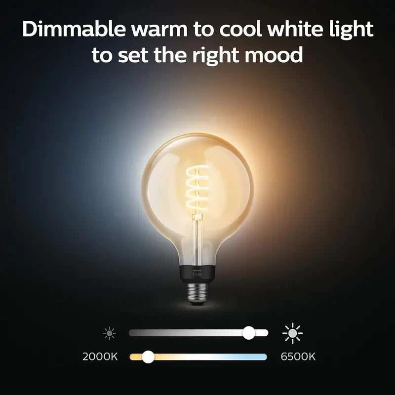 Philips Hue White Ambiance G40 Smart LED Bulbs 4-Pack, 550LM, E26, Warm-to-Cool, Alexa & Google Assistant Compatible