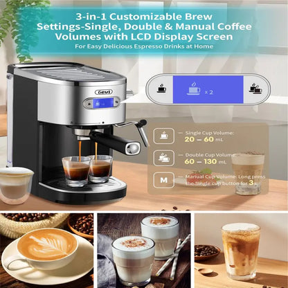 Gevi GECME400BA-U 20 Bar Espresso Machine, Fast Heating, Automatic Coffee Maker with Milk Frother, Black, Stainless Steel