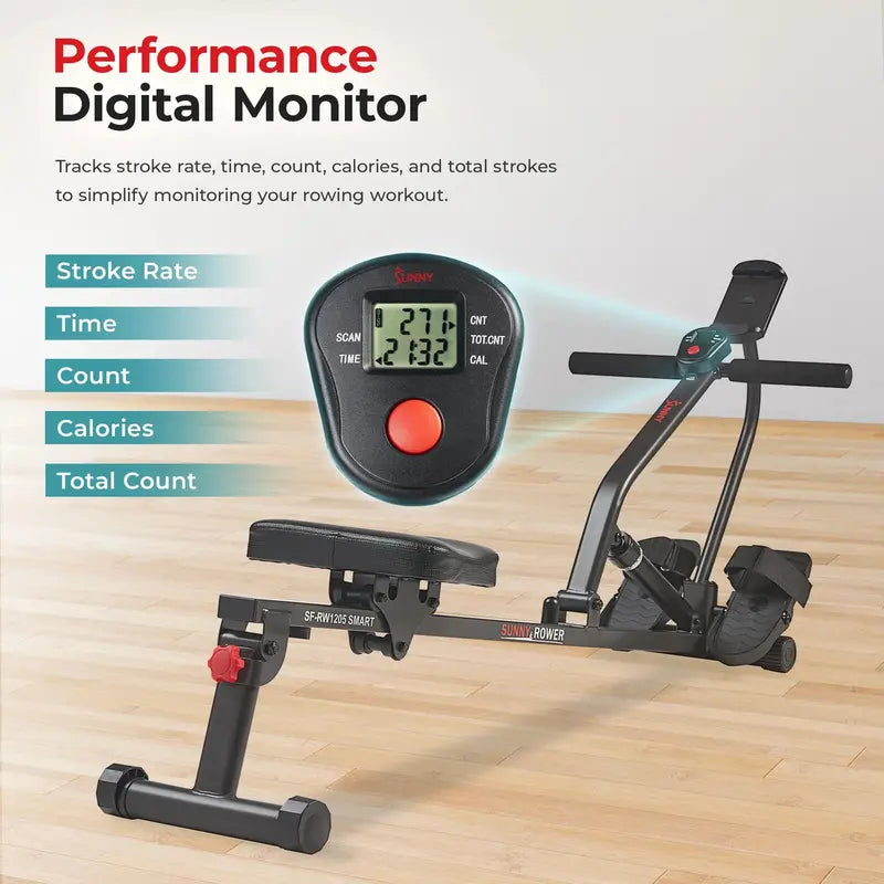 Sunny Health & Fitness SF-RW1205SMART Adjustable Hydraulic Rowing Machine with Bluetooth & Device Holder