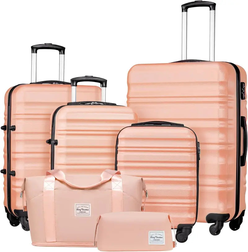 LONG VACATION 6-Piece ABS+PC Hardshell Luggage Set with Spinner Wheels and Carry-On Suitcase